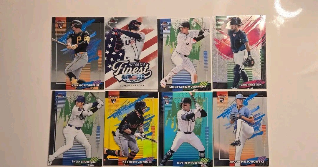 JCards01's tweet photo. @FeistSportsCard 🔥Topps Finest Lot🔥
$75 Shipped..

Kevin McGonigle Uncommon /275
Kevin McGonigle /199
Shohei Ohtani 
Munetaka Murakami 
Roman Anthony World's Finest 
Konnor Griffin Uncommon 
Jacob Misiorowski Uncommon 
Cal Raleigh Rare Mini Diamond https://t.co/zXOYaXMD9w