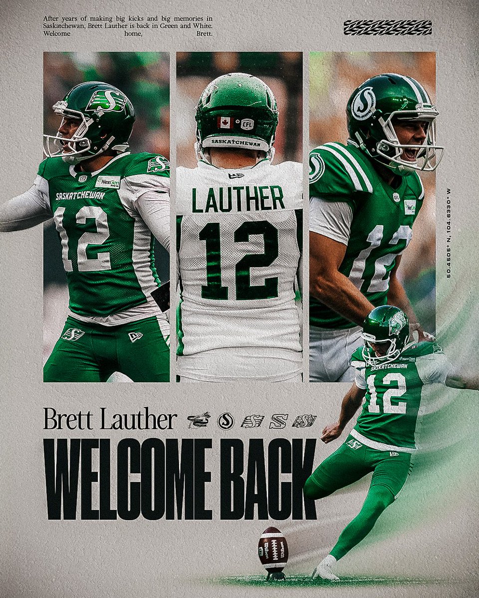 sskroughriders's tweet photo. A warm Rider welcome back, Brett! 💚

The Saskatchewan Roughriders have acquired National kicker Brett Lauther in a trade with the Ottawa REDBLACKS. In exchange, the Roughriders have sent their fifth-round selection in the 2027 CFL Draft to Ottawa.

🔗 https://t.co/T6qN5ytrdt https://t.co/DzHfNkQwmx