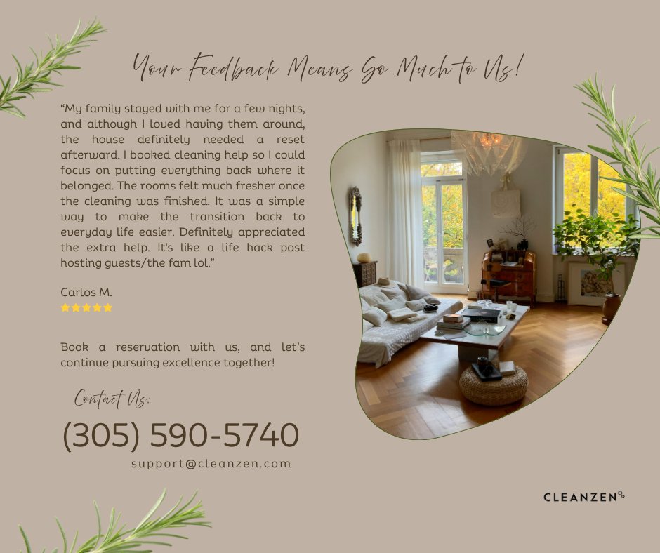 CleanzenMiami's tweet photo. π Your Feedback Means So Much to Us! π
*Book a reservation with us, and letβs continue pursuing excellence together!** π§½π«
#Cleanzen #Miami #CleanzenMiami #Feedback #HelpUsGrow #QualityCare #Home #Exprience #Reset #BookNow https://t.co/jbGV17ILLd