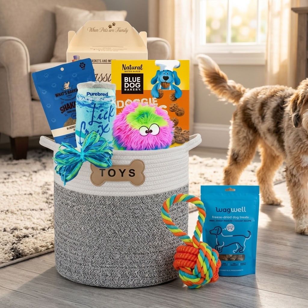 BisketBaskets's tweet photo. More toys. More treats. More tail wags! 🐾🎉 Our Dog Toy Bin &amp; Treats gift is a fun-filled surprise any pup will love! 🐶💗

 #DogGifts #DogLovers #DogTreats #SpoiledPup #BisketBaskets https://t.co/MPlNwT7qQS