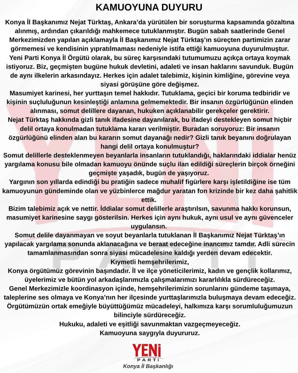 YeniPartiKonya's tweet photo. Kamuoyuna Duyuru! https://t.co/0LonQncQ6x