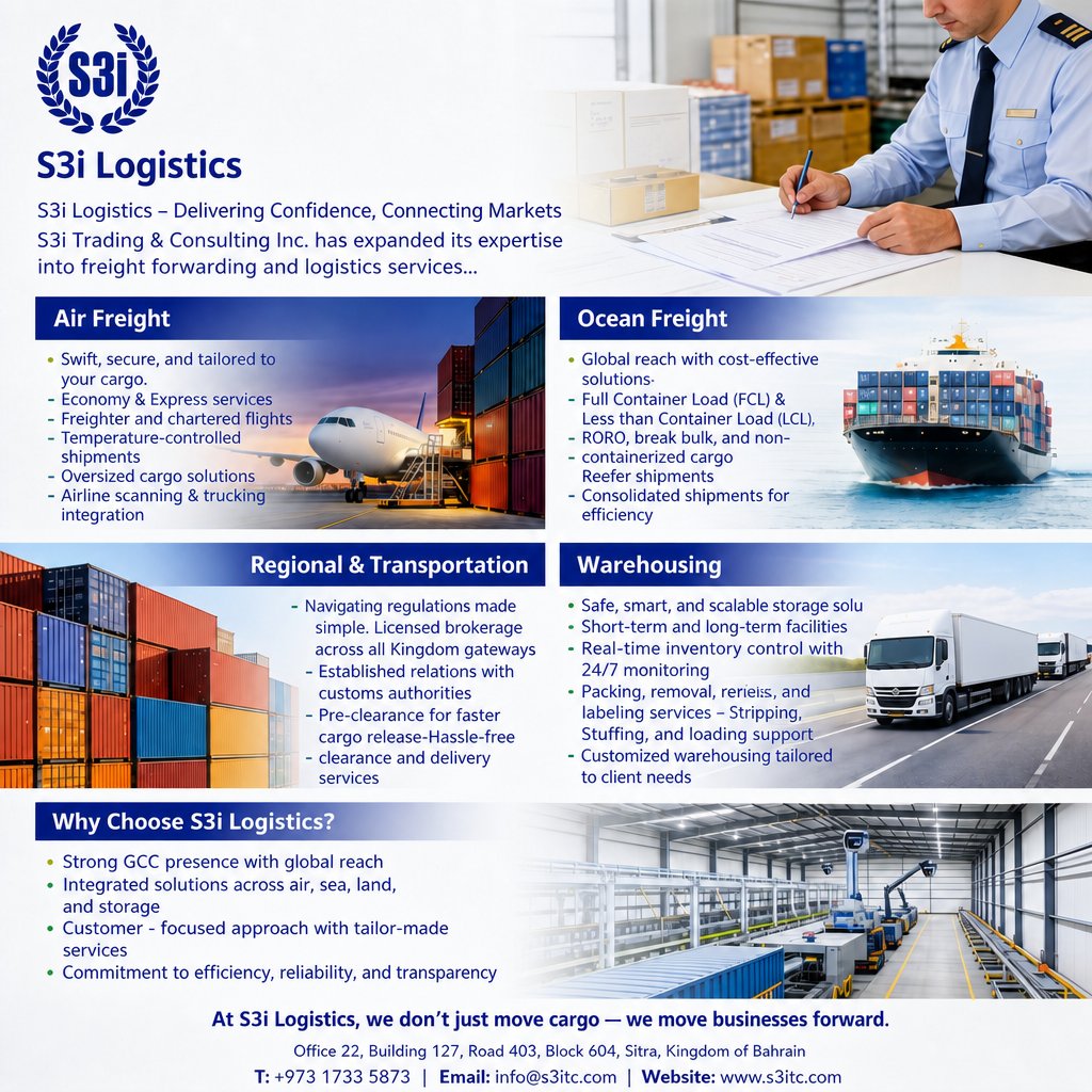 s3itcgroup's tweet photo. S3i Logistics
We look forward to supporting your supply chain needs and building a strong partnership.
✈️ Air Freight
🚢 Ocean Freight
🚚 Land Freight
📑 Customs &amp; Brokerage
🏢 Warehousing

Call/WhatsApp: +973 3465 8055
E: Logistics@s3itc.com; 
https://t.co/prx4rLjd1S https://t.co/Y4GlfeWax1
