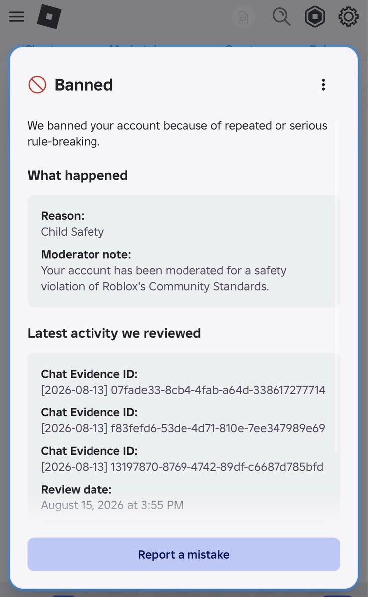 sentrygone's tweet photo. My Roblox false ban has suddenly changed from harmful content to child safety. What could this mean. 
Username: S3NTRYGUN
#roblox #robloxban @Roblox @Roblox_RTC https://t.co/8mQ9qHzFDD
