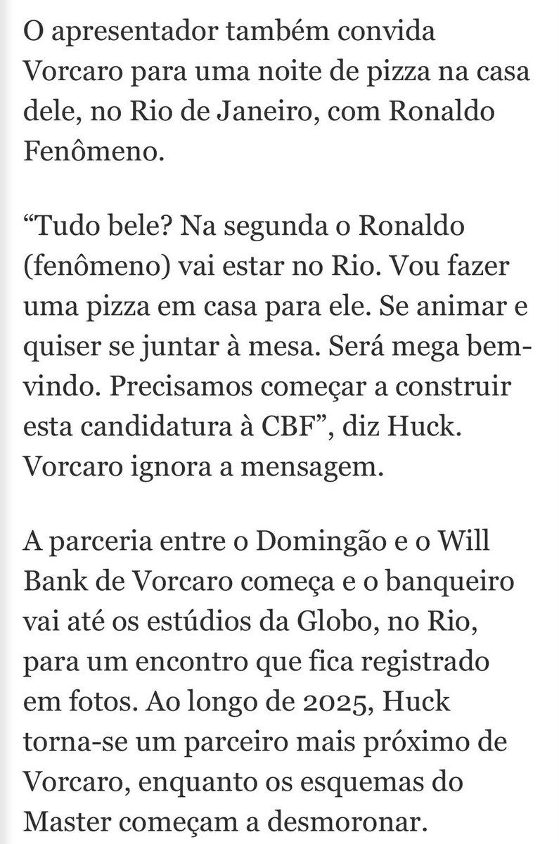 _dilmadebochada's tweet photo. Alguns trechos da matéria da amizade de Luciano huck e Vorcaro, ele levou o banqueiro para dentro da Globo ganho uma comissão gordona, vorcaro chegou até o alto escalão com donos da emissora. Aos poucos tudo vai se encaixando, imaginar que isso deve ser só a ponta do iceberg. https://t.co/4oT0Rdzq3l