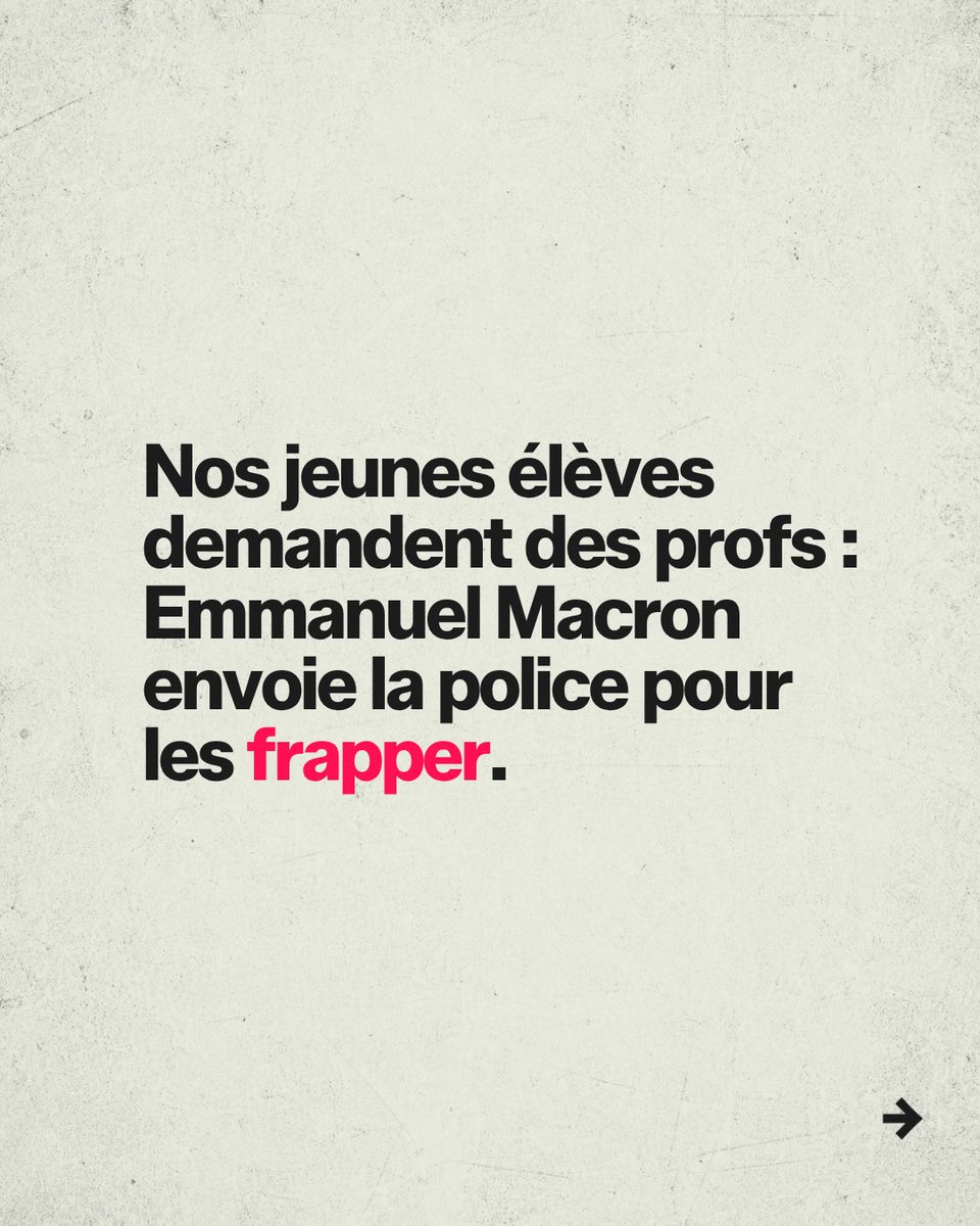 MathildePanot's tweet photo. Nos jeunes demandent des profs : Emmanuel Macron envoie la police pour les frapper. https://t.co/5YYTJPXBal