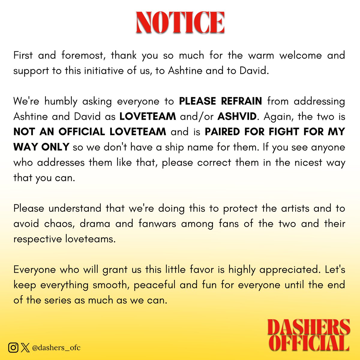 dashers_ofc's tweet photo. [NOTICE] Reminder Regarding Ashtine Olviga &amp; David Licauco's Tandem for Fight For My Way

Hello, this is DASHERS OFFICIAL.

#AshtineOlviga #DavidLicauco #FightForMyWayPH https://t.co/BEdwLPjp84