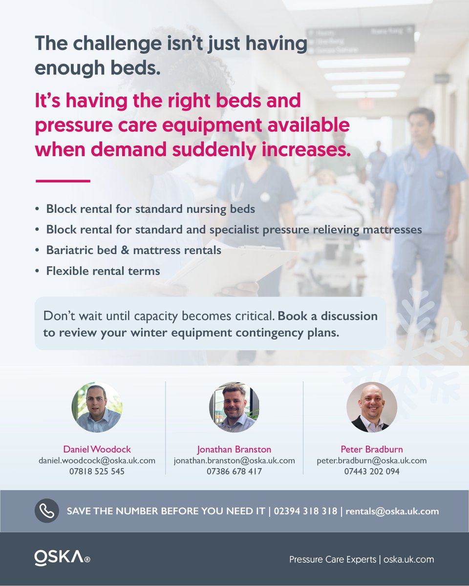 askOSKA's tweet photo. Winter's coming and delayed discharges persist. Get the right beds when demand spikes: block rental nursing beds, pressure-relieving and bariatric mattresses, flexible terms, no capital spend. Call: 02394 318 318 | rentals@oska.uk.com #WinterPlanning https://t.co/lMxk6LyrS0