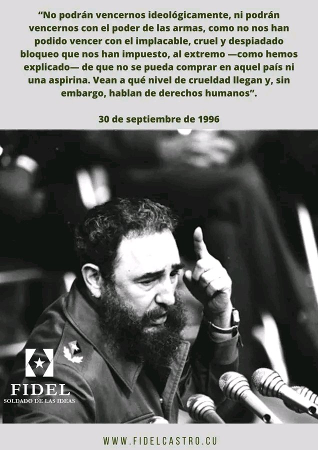 Joselin__Solano's tweet photo. "No podrán vencernos ideológicamente, ni podrán vencernos con el poder de las armas, como no nos han podido vencer con el implacable, cruel y despiadado bloqueo que nos han impuesto (...)" 
#100AñosConFidel 
#LaPatriaSeDefiende
#CubaNoEsUnaAmenazaElBloqueoSí https://t.co/zx9CDEL2IQ