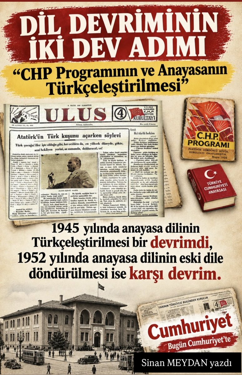 SMEYDAN's tweet photo. DİL DEVRİMİNİN İKİ DEV ADIMI: ‘CHP Programının ve Anayasanın Türkçeleştirilmesi'

👉Birbirini tamamlayan iki büyük devrim; yazı ve dil devrimi

👉Türk Dil Kurumu'nun sözcük derleme, tarama ve türetme çalışmaları 

👉Atatürk'ün sadece Türkçe sözcükler kullandığı 3 Mayıs 1935 Türk Kuşu Açılış Söylevi

👉 Atatürk'ün Türkçeye bireysel katkısı ve dilde Türkçeleştirme çalışmalarına ölünceye kadar devam ettiği gerçeği

👉Ulus gazetesinde yayımlanan “Osmanlıcadan Türkçeye Karşılıklar Kılavuzu"ndaki Türkçe sözcükler

👉CHP’nin Öz Türkçe 1935 parti 
programı ve bu programın sonundaki Türkçe sözlük 

👉1945'te anayasanın dilinin Türkçeleştirilmesi ve bugün de kullandığınız Türkçe hukuk terimlerinin dile yerleşmesi  

👉DP döneminde 1952'de, anayasanın dilinin eski diline döndürülmesi ve bunun anlamı  

Sinan Meydan yazdı : CHP Programı'nın ve Anayasanın Türkçeleştirilmesi | Cumhuriyet  https://t.co/77w089Bk84