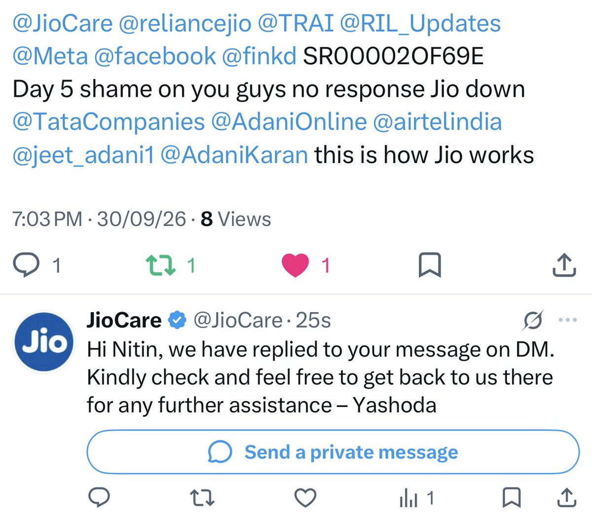 nitin96196835's tweet photo. @JioCare @reliancejio @TRAI @RIL_Updates @Meta @facebook @finkd bullsh**t useless people working at @JioCare @RIL_Updates don’t know what is customer service last 5 days same sh*t when will this nonsense stop ? @TataCompanies @AdaniOnline @AdaniOnline @AdaniKaran @jeet_adani1 https://t.co/PVYO4cjKei