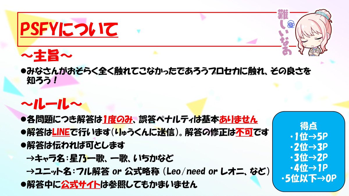 NagoyaU_ami's tweet photo. 本日、「Project Sekai ni Fure You!!」、通称PSFYを行いました！
優勝は 私 でした！おめでとうございます🎉
結果は
優勝🥇私　    44P
２位🥈みま　40P
３位🥉ハマ　34P
４位フルーツポンチ　28P
５位もりやす　23P
でした！

皆様、ご参加ありがとうございました！！！ https://t.co/K2qod1v9W9
