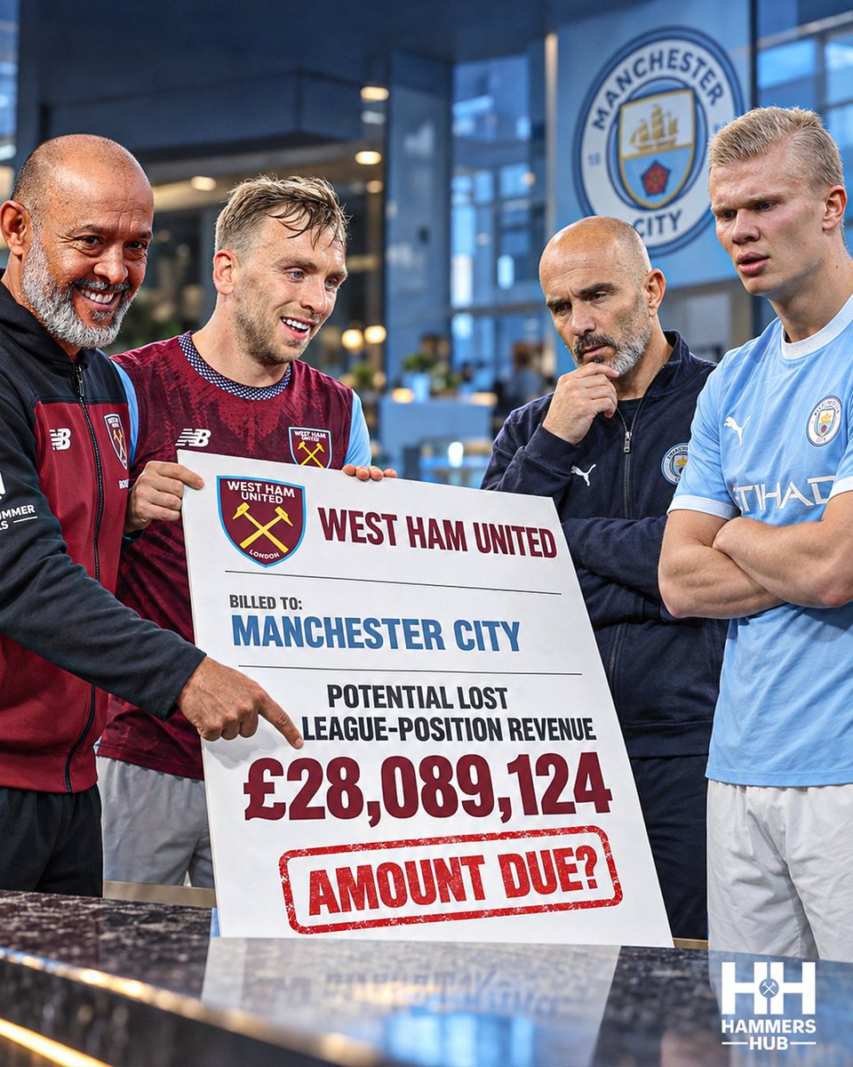 HammersHubWHUFC's tweet photo. West Ham could theoretically be owed £28MILLION by Man City in lost Premier League prize money following their guilty verdict, the third-highest figure of any club [@TheSunFootball]. https://t.co/GqFHWYVs0w