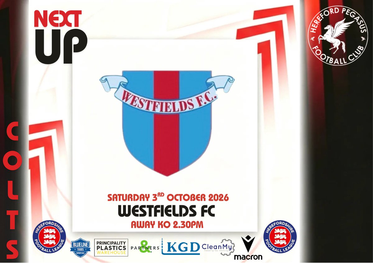 HerefordPegasus's tweet photo. 🔴⚽️HPFC COLTS⚽️🔴
This Saturday our Colts are in The Hummel Herefordshire Football League Division One action when they make the trip to play Westfields FC Reserves.
📆 3-10-26
🏟️ Allpay Park
⏱️ KO 2.30pm
#Colts #utp
#theredmen
#HummelHFL
#NextUp https://t.co/NNVLVgDRDv