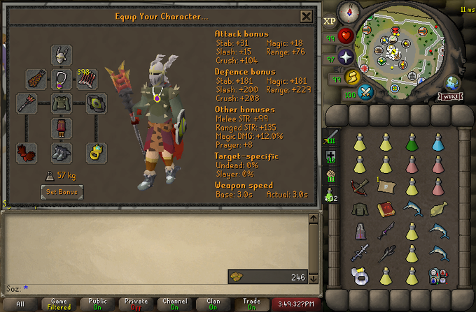 A screenshot of the Old School RuneScape character equipment screen showing a player geared in melee armor with detailed attack bonuses and an inventory full of items.