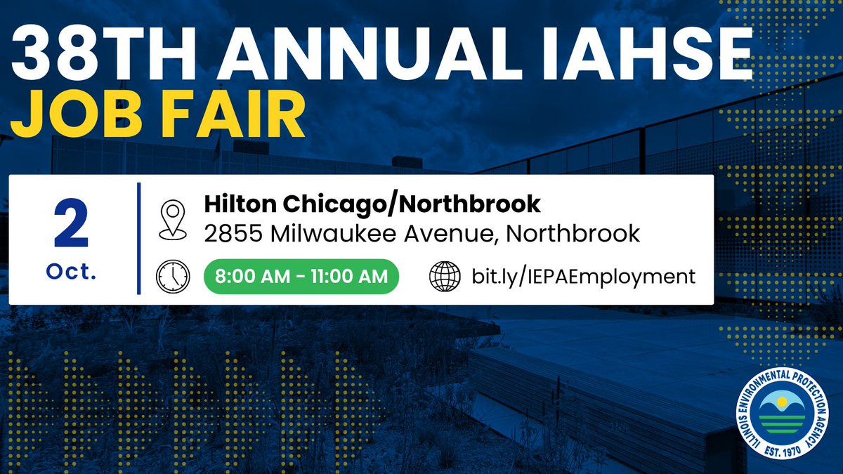 ILEPA's tweet photo. We're heading to the 38thAnnual IAHSE Job Fair! 🌎 Stop by to chat with us about career opportunities at Illinois EPA.

Don't miss your chance to connect with us! ➡️ https://t.co/9SFkmIIwYj https://t.co/oMPlcU0Y8f