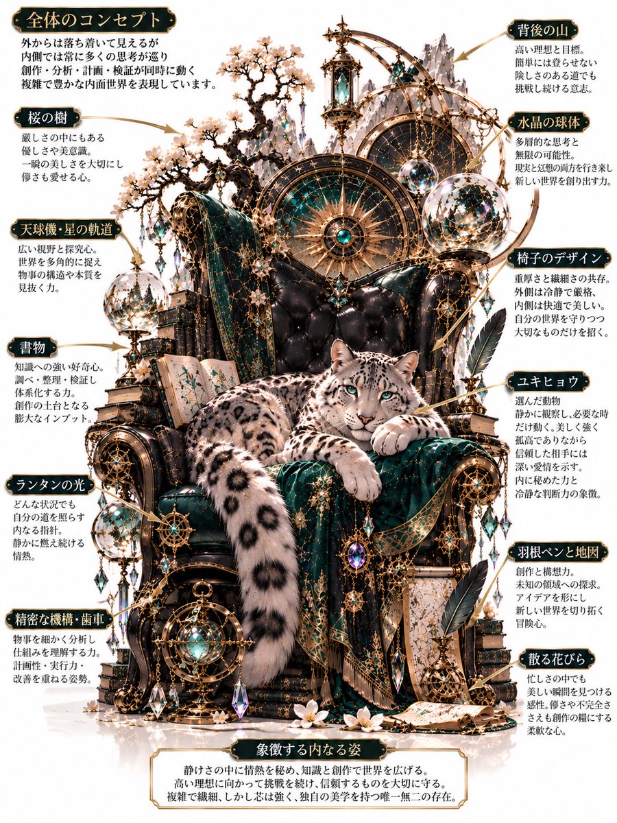 yatagarasu_f's tweet photo. #AIartwitheveryone 
あなたの内面をイメージした椅子に、
あなたの内面をイメージした動物を座らせて解説をつけて出力します。
(解説付かなかったら解説付けろと指示ください)
――――――――――
Please analyze my inner self and express it through a chair that embodies that image. Imagine my true self and personality, which are not easily apparent on the surface. Place an animal that also represents me in the chair. The background should be consistently white. Please create the design without being influenced by my handle name or frequently used animals. Please provide a brief explanation of why you chose that design and animal.

Instead of producing bland output, choose edgy expressions and animals.
┈┈┈┈┈┈┈┈┈┈┈┈
