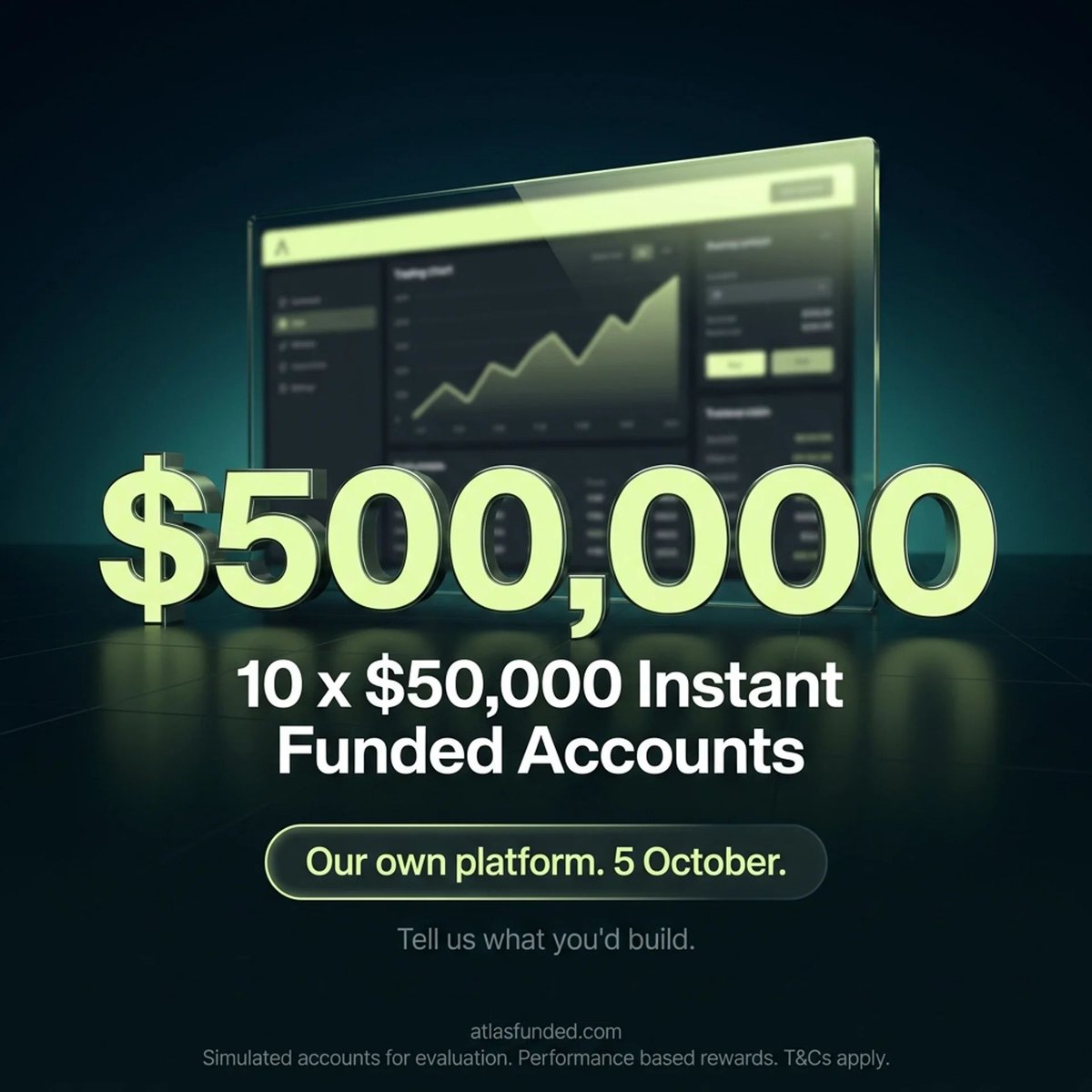 atlasfunded's tweet photo. 🚨 GIVEAWAY 🚨 

We built our own platform because traders kept asking for things nobody was shipping.

So this week, we are asking properly.

FREE 10 x $50,000 Instant Funded Accounts to 10 lucky winners 💸 

To enter:

1️⃣ Follow us.

2️⃣ Repost this post.

3️⃣ Quote this post with one thing you have always wanted a prop firm to do.

Entries close Sunday. Winners randomly selected.

Our own platform lands 5 October.