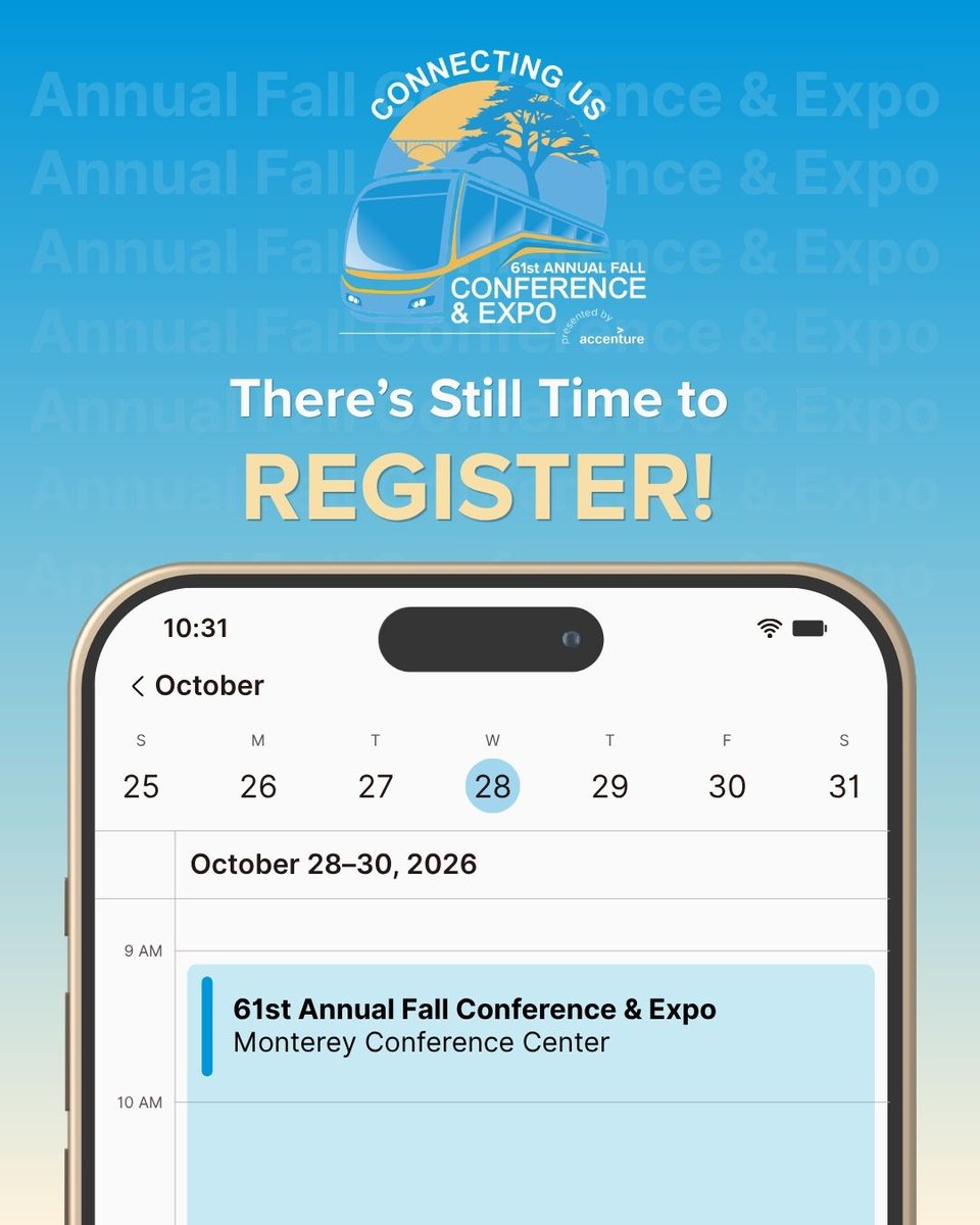 CalTransit's tweet photo. Haven’t registered yet? There’s still time to join us!
 
The California Transit Association’s 61st Annual Fall Conference &amp; Expo is bringing the California transit community together October 28–30 in Monterey.
 
Learn More and Register: https://t.co/xoenSZqlec https://t.co/nUZTIAzx6V