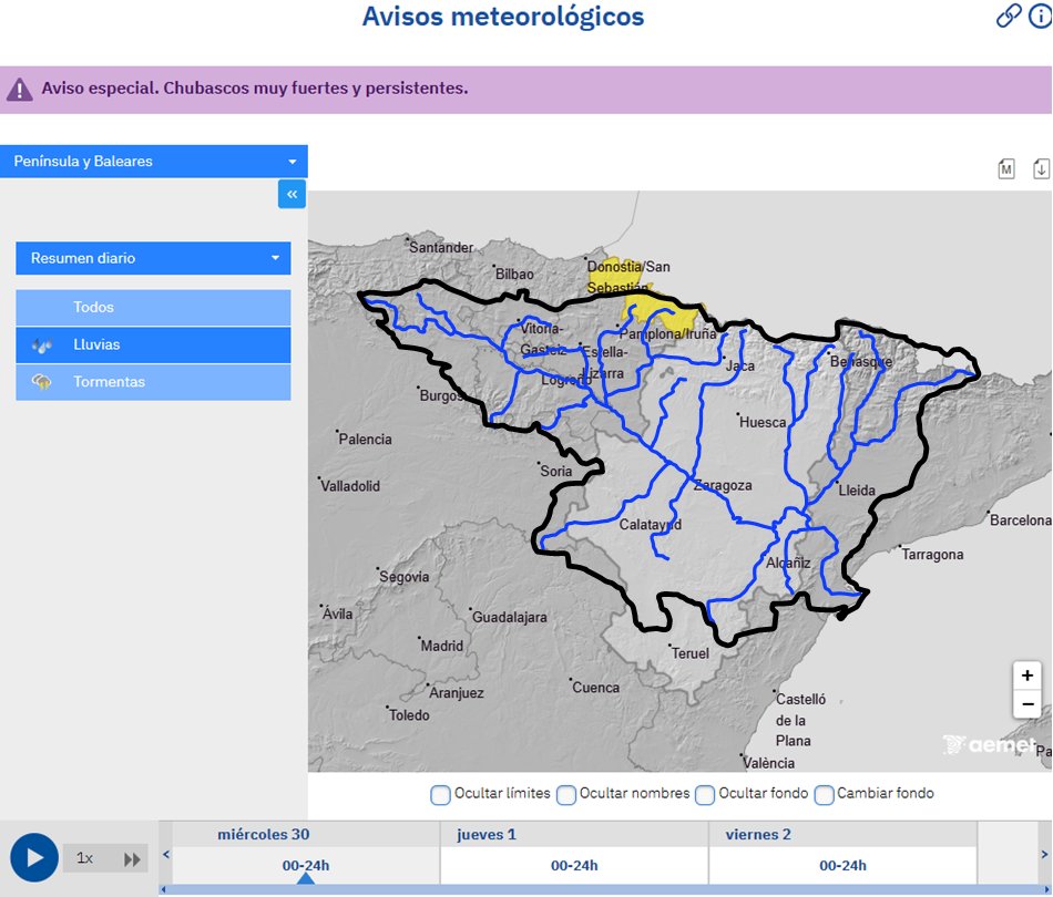 CH_Ebro's tweet photo. Con avisos🟡@AEMET_Esp  por riesgo de lluvia intensa, posibilidad de crecidas súbitas en cauces menores y barrancos del Pirineo navarro, 30/09 @112_na  https://t.co/0jhl9UqeMZ https://t.co/rYuIFcVns9