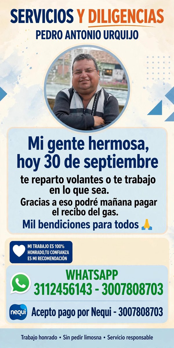 UrquijoPedro's tweet photo. Te reparto volantes o te trabajo en lo que sea mañana toca pagar el recibo del gas natural ya me falta solo cinco mil pesos.
Escríbeme 
Mil bendiciones para todos. https://t.co/EDlFL8mDtO