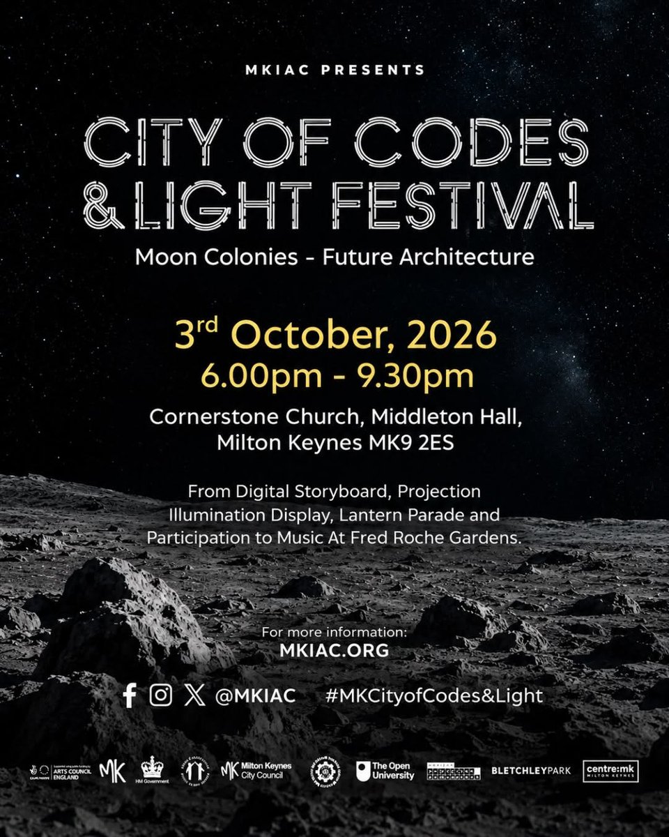 DestinationMK's tweet photo. “To the Moon…and beyond!” 🌙✨
This Saturday  - join @MKIAC for the City of Codes &amp; Light Festival - a FREE family event!

Highlights include; Pif Paf Theatre, 'Lunar Phase' projection, Community Lantern Parade, plus music, dance and poetry performances 🎤

📅 3 October 6-9.30pm https://t.co/hCXBh3vSsF