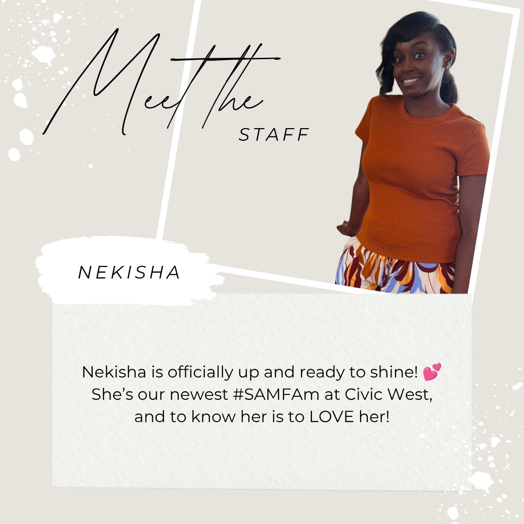 CivicCenterWest's tweet photo. ✨🌙 Say hello to Nekisha! 🌙✨

Our newest #SAMFam at Civic West is officially up, and we couldn’t be more excited! 💕 To know Nekisha is to LOVE her! She has the sweetest personality and brings such a warm, positive energy wherever she goes. 🥰

When she’s not making people... https://t.co/uWqnOinJLJ
