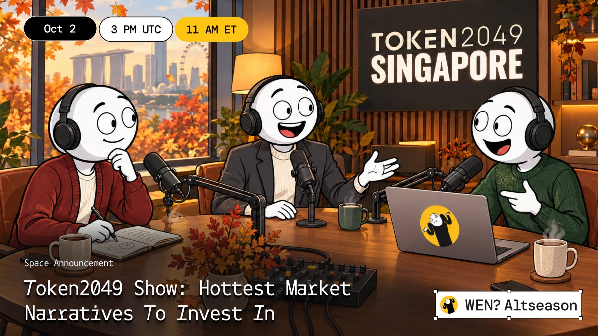 wenaltseason's tweet photo. Token2049 Show: Hottest Market Narratives To Invest In

Everyone lands in Singapore next week with pitches ready. But which narratives are really worth investing?

This Friday we'll go through the hottest projects attending Token2049, and those rooms you definitely should attend to not miss this quarter runners

Oct 2 | 3 PM UTC | 11 AM ET

Set your reminders

P.S. Thursday's space is postponed, new date TBA