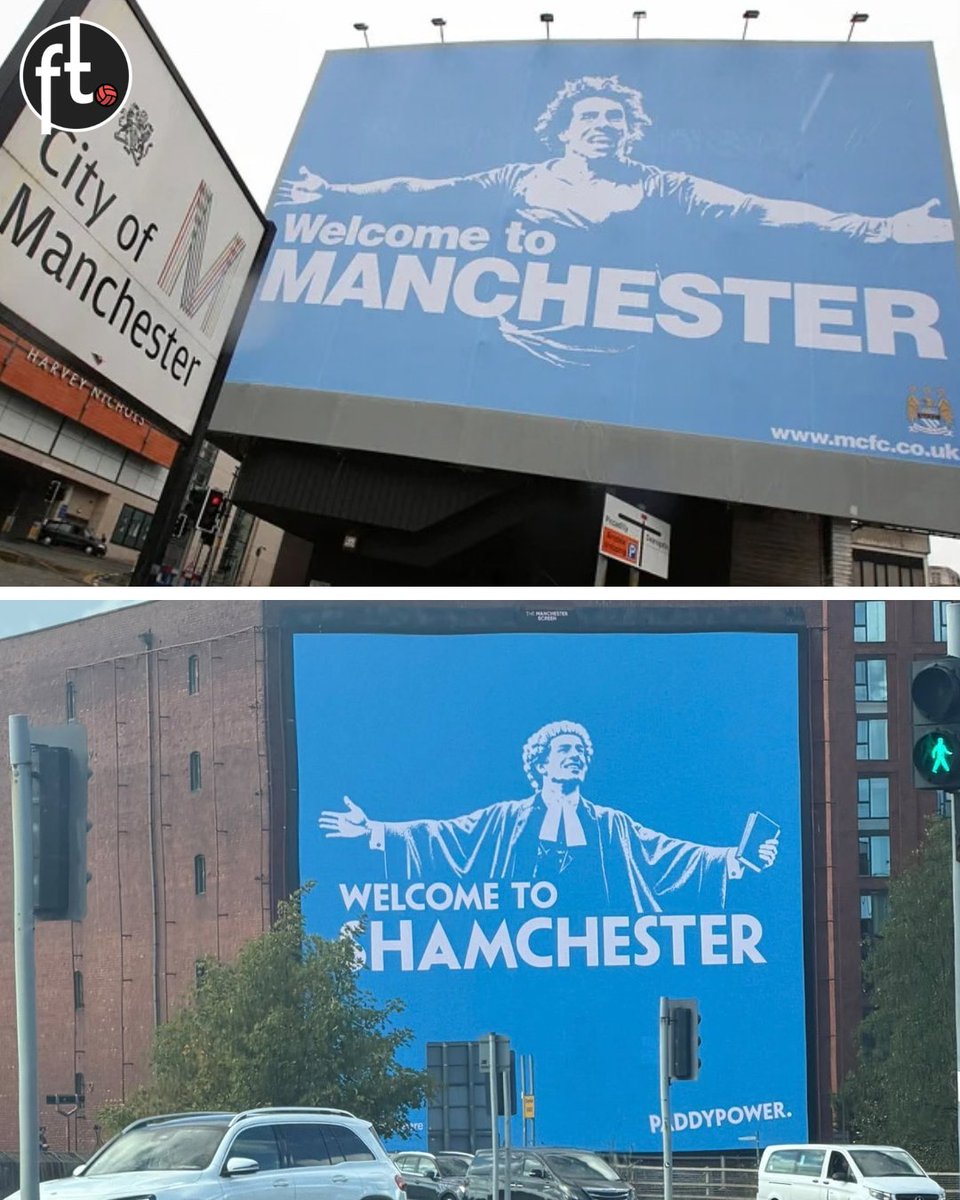 Footballtweet's tweet photo. 🚨😂 A new billboard has appeared near Old Trafford after Manchester City's guilty verdict, which reminds us all of THAT iconic Carlos Tevez billboard:

“WELCOME TO SHAMCHESTER.” 👀

📸 @1990sUtd https://t.co/XPBGq8TIf7