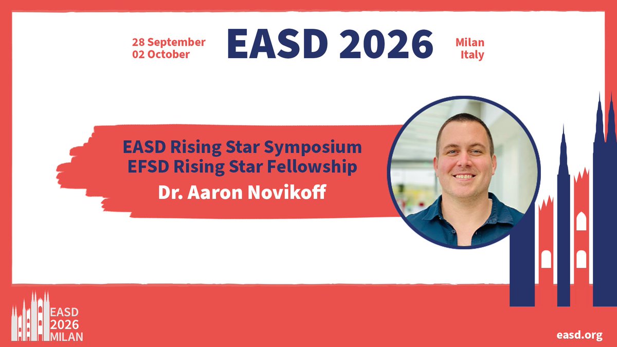 EASDnews's tweet photo. 🏆 Don't miss the #RisingStar Symposium at #EASD2026 chaired by Prof. Matthias Blüher! This year's awardees will present their work:
🎤@AaronNovikoff 🇩🇪
🎤@carla_horv 🇨🇭
🎤Sara Stinson 🇳🇴
🎤Nick Thomas 🇬🇧
📅Thurs, 1 Oct 2026 |🕣08:30 - 10:10 CEST |📍Paris Hall
Congrats to all! https://t.co/hgzVx4gKId
