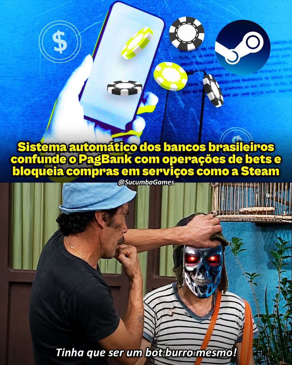 SucumbaGames's tweet photo. Bancos brasileiros, como Nubank, PicPay e Mercado Pago, têm bloqueado transações de serviços que utilizam o gateway de pagamento do PagBank, após a proibição das bets.

Os filtros automatizados, criados para impedir operações ligadas a bets irregulares, passaram a identificar o identificador do PagBank como suspeito, já que muitas casas de apostas também usavam esse mesmo intermediário, gerando falsos positivos em compras legítimas.

A Steam, que usa o PagBank, é um dos serviços afetados e usuários relatam bloqueios em PIX e cartão mesmo com saldo disponível. No entanto, o problema não ocorre de forma constante nem em todas as transações, e as instituições financeiras confirmaram que estão investigando e ajustando os filtros internamente para evitar impactos indevidos em operações regulares.