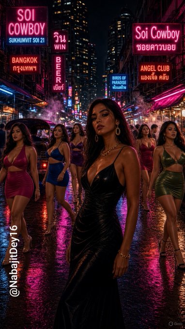 An AI-generated image depicts a night street scene in Bangkok with neon signs reading 'SOI COWBOY', 'BANGKOK', and 'ANGEL CLUB', featuring several women in short dresses and a watermark '@NabaiDey16'.
