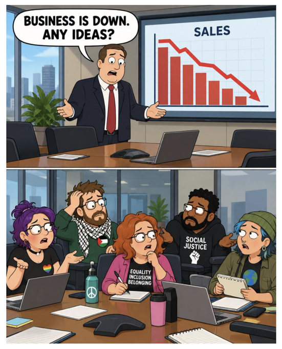 A comic showing a businessman saying 'BUSINESS IS DOWN. ANY IDEAS?' with a declining sales chart, while employees wearing shirts with social justice slogans like 'EQUALITY INCLUSION BELONGING' and 'SOCIAL JUSTICE' look on confused.