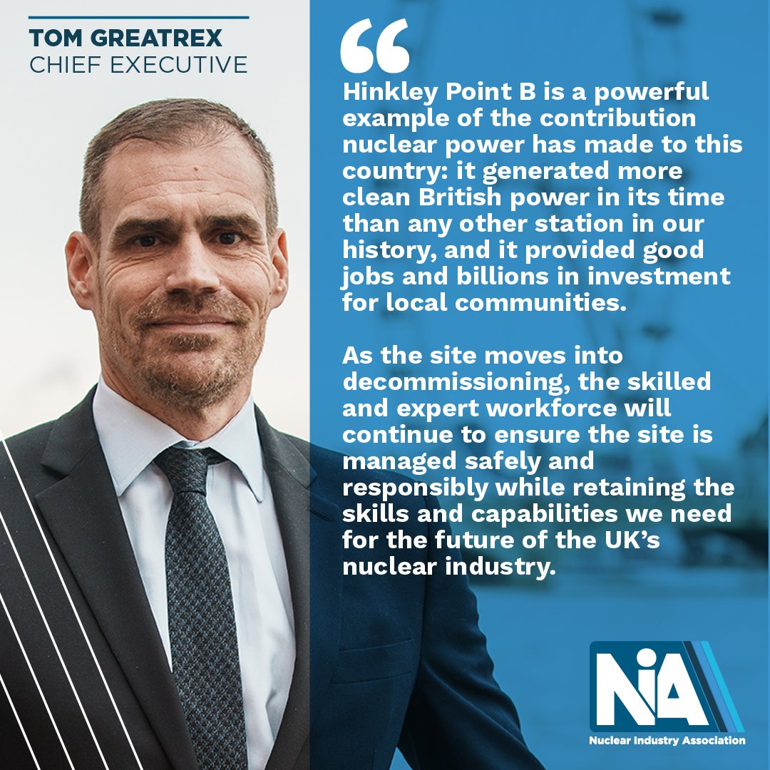 NIAUK's tweet photo. 📣 Today marks a historic new chapter for Hinkley Point B as the nuclear power station is transferred from @edfenergy to the @NDAgovuk group for decommissioning.

Hinkley Point B was the most productive clean power asset in UK history when it finished, generating:

📈 £15bn worth of economic value to the UK
⚡ Enough electricity to power every home in the South West for 33 years
🏭 Low-carbon electricity which avoided 108m tonnes of CO2 emissions

To deliver the safe, secure decommissioning of the site with @NRServicesUK’ knowledge and expertise, 250 well-paid, skilled jobs will remain in the local community.

Read the full announcement here: 🔗 https://t.co/MoShXK66Ux

#nuclear #energy #industry @tomjgreatrex