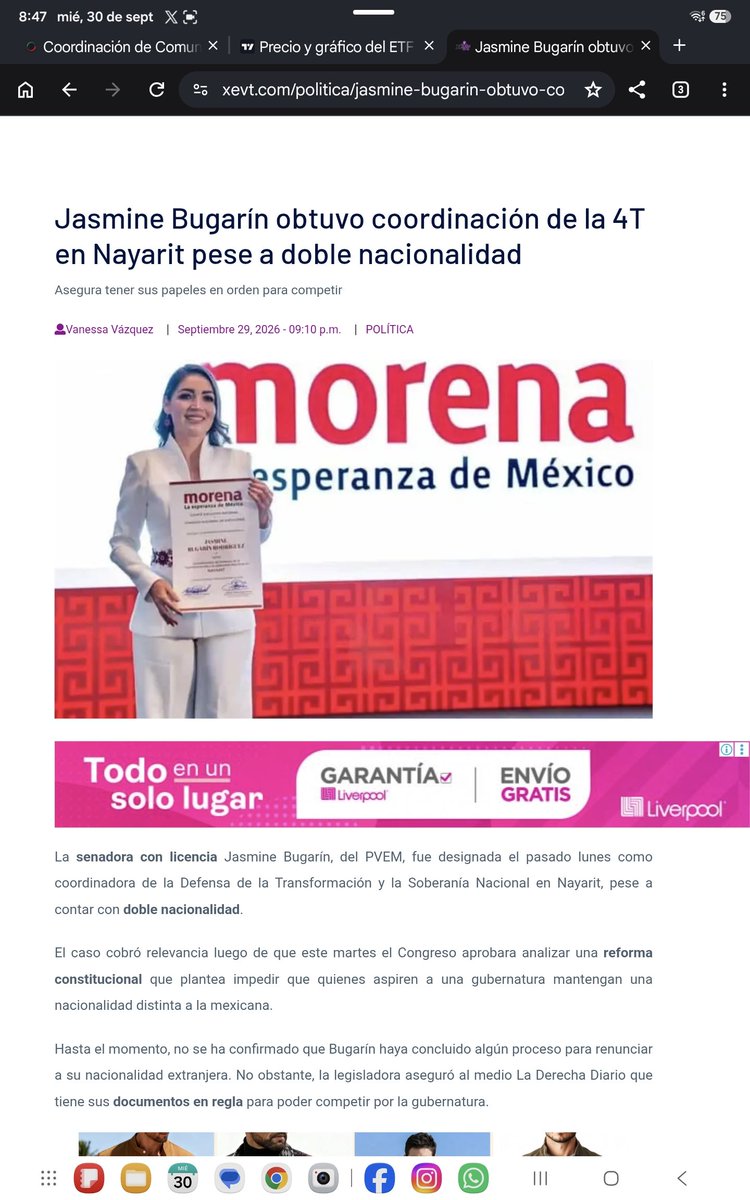 MLopezSanMartin's tweet photo. La prohibición de Morena a la doble nacionalidad es tan contradictoria que la propia presidenta se enreda al intentar justificar la candidatura de Jasmine Bugarín en Nayarit 👇 https://t.co/MX2eFB1QWt