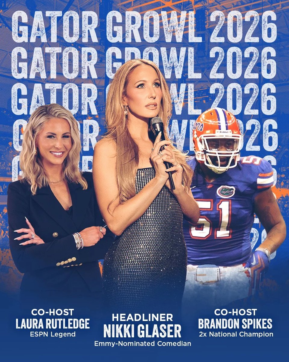 UFatWork's tweet photo. .@HCGatorGrowl is back with comedy for the first time in 14 years. Gator greats @LauraRutledge and @BrandonSpikes55 will host, with a performance by one of the biggest names in comedy, @NikkiGlaser.

Read our latest UF at Work article to unlock tickets: https://t.co/pSdSqsE8tk https://t.co/ls80IBPNHw