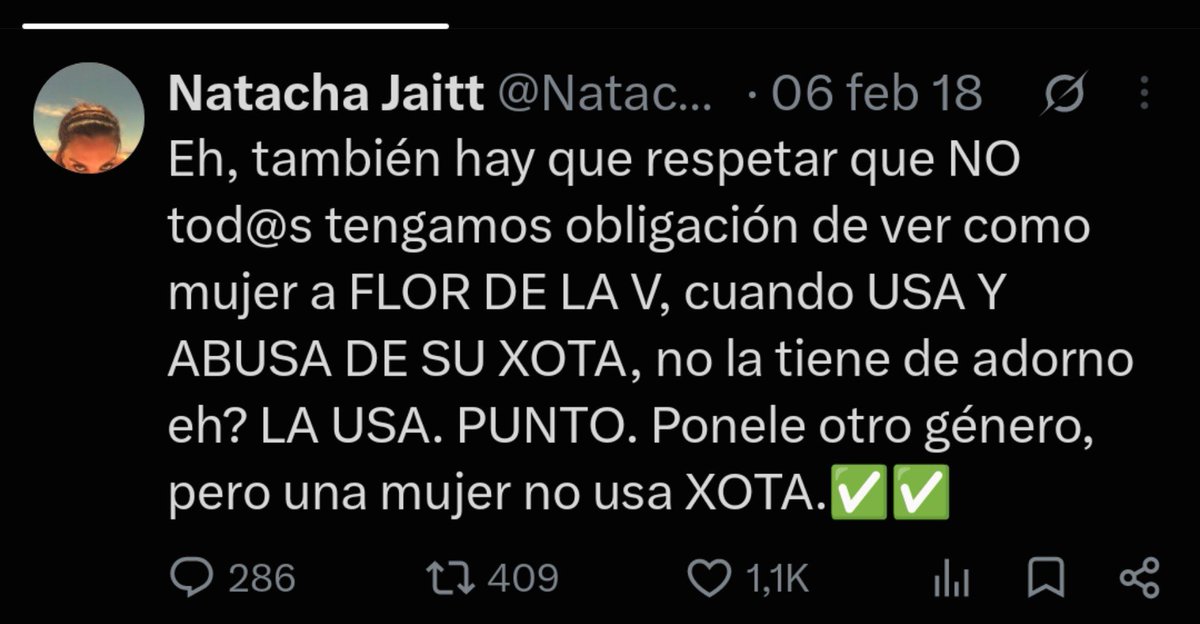 ladymoskigna's tweet photo. Todos: Natacha Jaitt siempre decía verdades.

Natacha sobre Flor de la V:
Usa y abusa de su XOTA, y una mujer no usa XOTA 

JSJS DIOS LA TENGA EN LA GLORIA https://t.co/893L0Oaw67