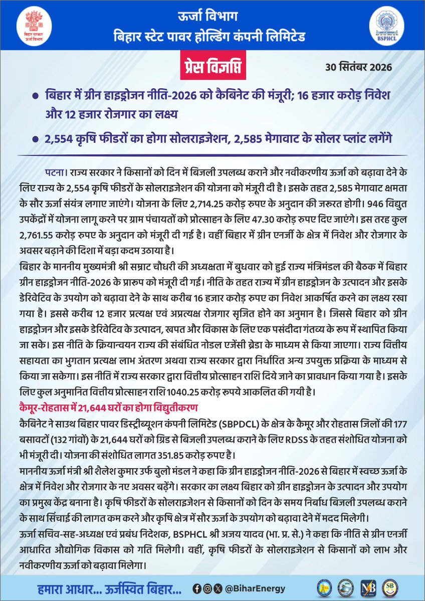 BiharEnergy's tweet photo. 30 सितंबर 2026 की प्रेस विज्ञप्ति

बिहार में ग्रीन हाइड्रोजन नीति-2026 को कैबिनेट की मंजूरी; 16 हजार करोड़ निवेश और 12 हजार रोजगार का लक्ष्य...

@mnreindia @MinOfPower @IPRDBihar @EnergyBihar @KumarBulo 

#BSPHCL #Bihar #News #PressRelease https://t.co/L6Sz31gac7