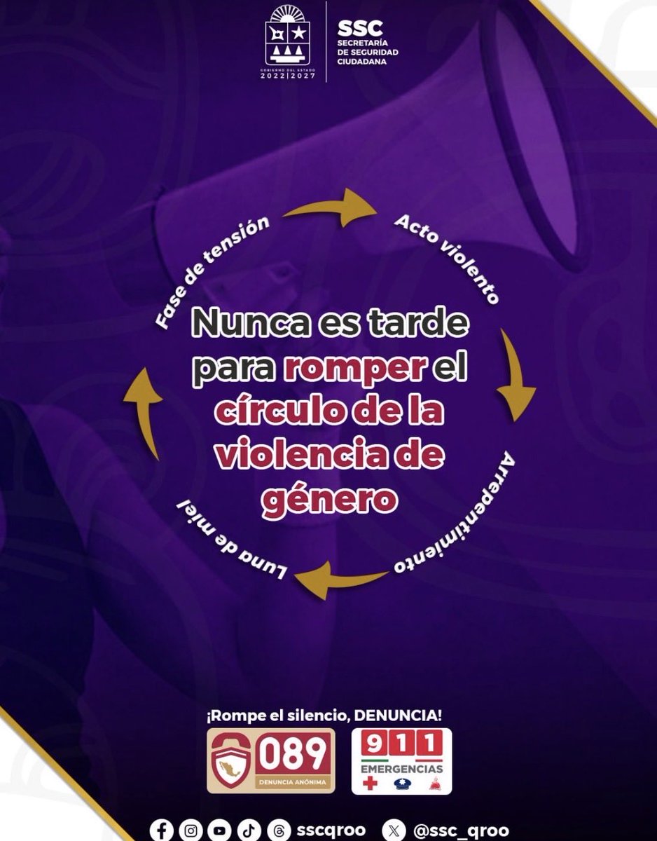 OvejaNe87406723's tweet photo. Nunca es tarde para romper el
circulo de la violencia de género. Si eres víctima ¡DENUNCIA! ☎️ 911. Sigue las recomendaciones de la Secretaría de Seguridad Ciudadana de Q. Roo. #UnidosParaTransformar #PreveniryProteger #sscqroo https://t.co/liimu4ljjt