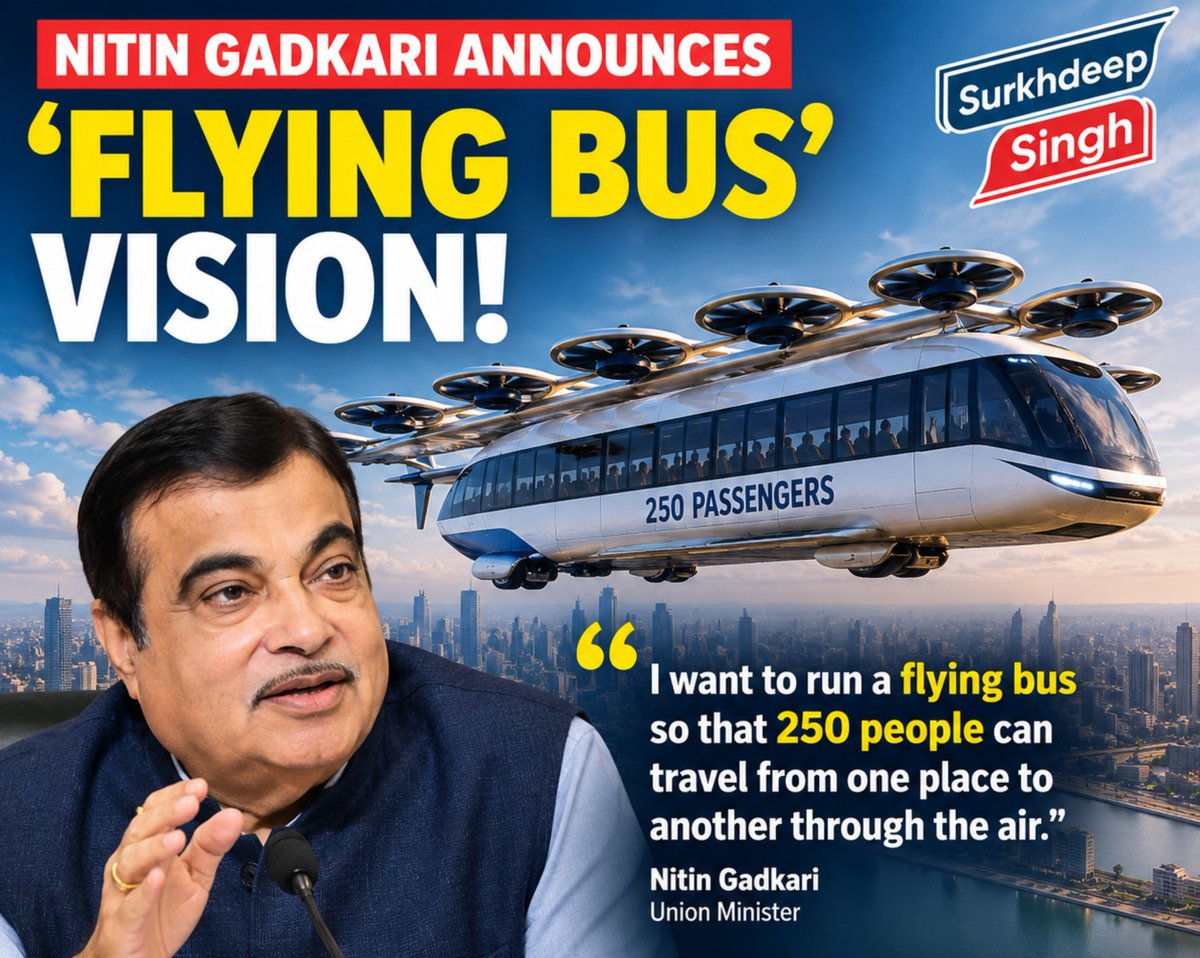 SurkhdeepSingh's tweet photo. 🚨 NITIN GADKARI ANNOUNCES ‘FLYING BUS’ –

“I want to run a flying bus so that 250 people can travel from one place to another through the air,” Union Minister Nitin Gadkari said. https://t.co/wmxoOATDvk