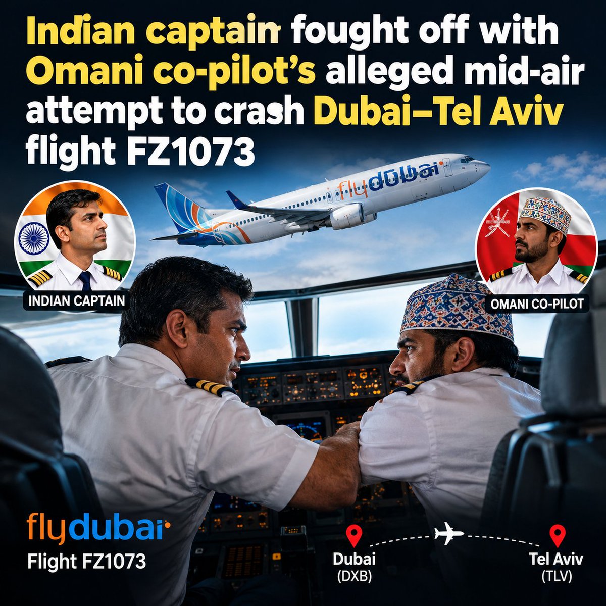 AjayJadeja171's tweet photo. 🇮🇳 INDIA 🤝🏻 ISRAEL 🇮🇱

The co-pilot, an Omani 🇴🇲 national, was attempting to crash the aircraft during the confrontation in cockpit 😧

He was stabbed during the struggle and was eventually subdued by the captain, an Indian 🇮🇳 national, with help from Israeli 🇮🇱 passengers 👏🏻 https://t.co/Ix36PVYsEP