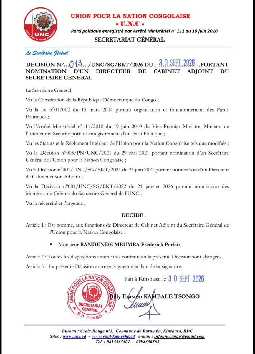 uncrdc's tweet photo. Ci-dessous la décision du Secrétaire Général @BillyKambale1 portant nomination de son nouveau Directeur de Cabinet Adjoint. https://t.co/Sog37AlmFO