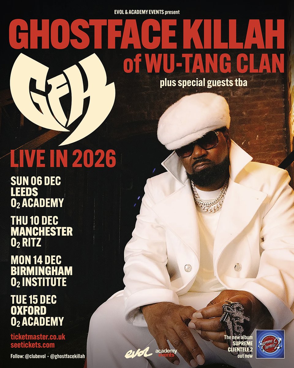 stereoboard's tweet photo. NEW // Wu-Tang legend and all-round hip hop icon @GhostfaceKillah is heading to venue across the UK this December 🔥 

Snap up tickets 10am Friday: https://t.co/mzD17005WA https://t.co/z4yucQNkkr