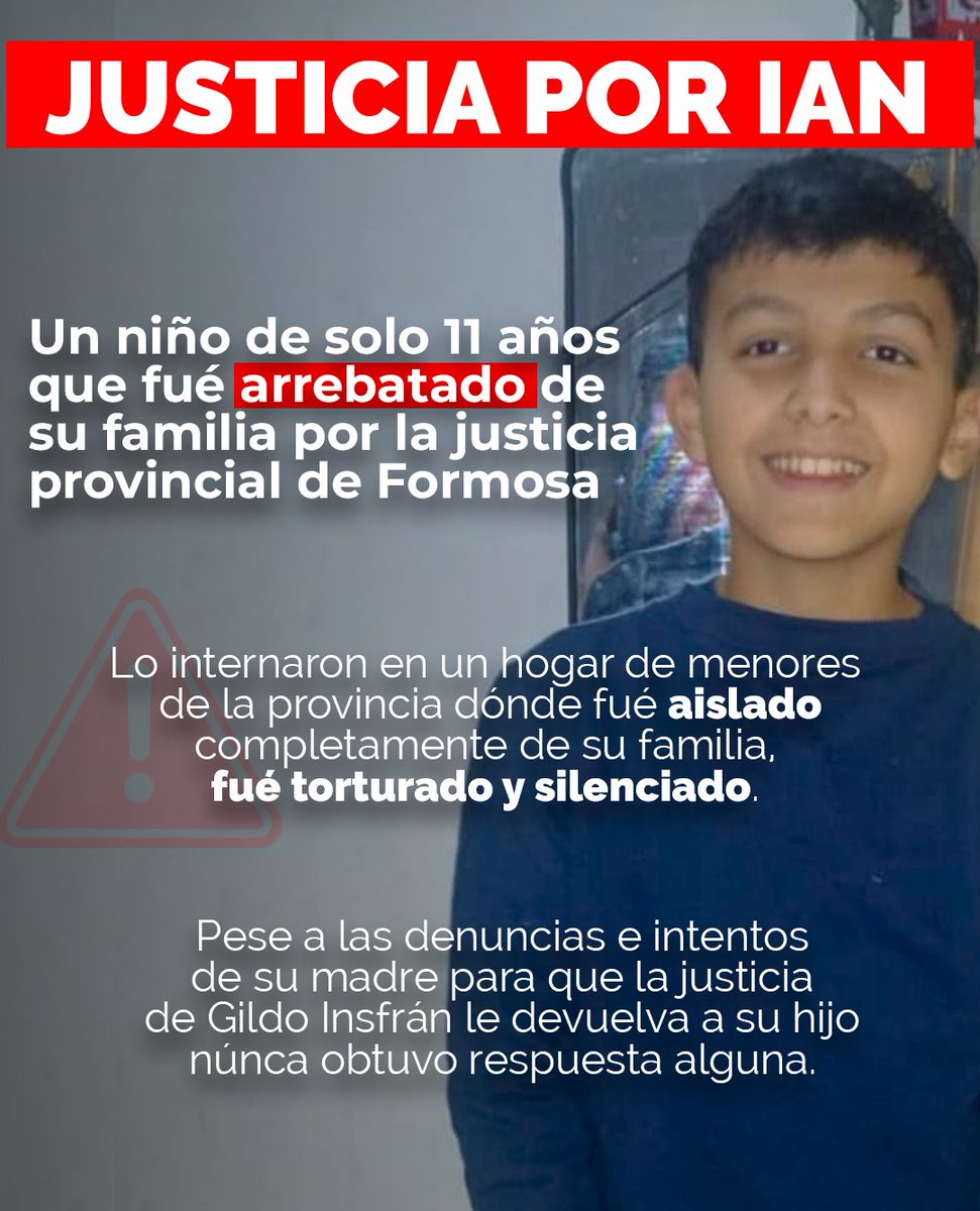 gabrielaneme's tweet photo. 🚨 URGENTE: JUSTICIA POR IAN

A Ian la justicia provincial de Formosa lo arrebató de su familia, lo aisló en un hogar de menores y pretendió silenciar su voz. Cuando logró escapar para contar el infierno que vivía, en lugar de escucharlo y protegerlo, lo enviaron a más de 300 km, entregándolo a una abuela agresiva y denunciada.

Hoy Ian volvió a escaparse. Con apenas 11 años nos está dando una lección de valentía a todos: no quiere estar ahí, no se va a dejar silenciar y lo único que pide es volver con su madre.

Exigimos a la Justicia de Corrientes que intervenga con urgencia para encontrar a Ian inmediatamente, garantizar su integridad física, escuchar su voz y devolverlo con su familia, de donde nunca debieron haberlo sacado.

Basta de encubrir el maltrato. Exigimos garantías de seguridad para Ian ya.