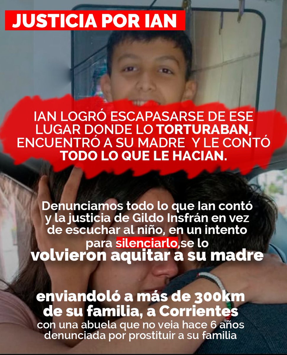 gabrielaneme's tweet photo. 🚨 URGENTE: JUSTICIA POR IAN

A Ian la justicia provincial de Formosa lo arrebató de su familia, lo aisló en un hogar de menores y pretendió silenciar su voz. Cuando logró escapar para contar el infierno que vivía, en lugar de escucharlo y protegerlo, lo enviaron a más de 300 km, entregándolo a una abuela agresiva y denunciada.

Hoy Ian volvió a escaparse. Con apenas 11 años nos está dando una lección de valentía a todos: no quiere estar ahí, no se va a dejar silenciar y lo único que pide es volver con su madre.

Exigimos a la Justicia de Corrientes que intervenga con urgencia para encontrar a Ian inmediatamente, garantizar su integridad física, escuchar su voz y devolverlo con su familia, de donde nunca debieron haberlo sacado.

Basta de encubrir el maltrato. Exigimos garantías de seguridad para Ian ya.