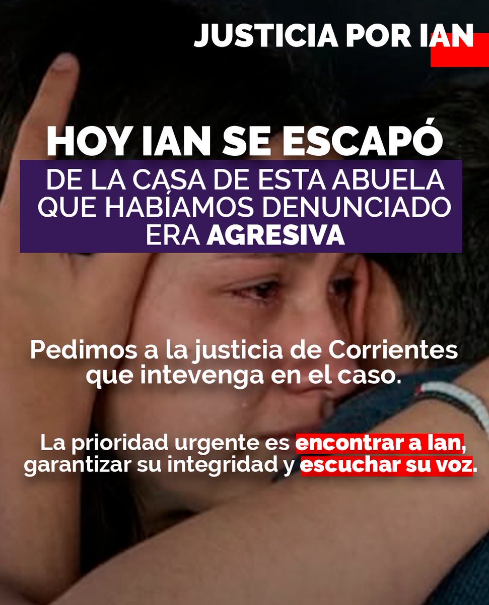 gabrielaneme's tweet photo. 🚨 URGENTE: JUSTICIA POR IAN

A Ian la justicia provincial de Formosa lo arrebató de su familia, lo aisló en un hogar de menores y pretendió silenciar su voz. Cuando logró escapar para contar el infierno que vivía, en lugar de escucharlo y protegerlo, lo enviaron a más de 300 km, entregándolo a una abuela agresiva y denunciada.

Hoy Ian volvió a escaparse. Con apenas 11 años nos está dando una lección de valentía a todos: no quiere estar ahí, no se va a dejar silenciar y lo único que pide es volver con su madre.

Exigimos a la Justicia de Corrientes que intervenga con urgencia para encontrar a Ian inmediatamente, garantizar su integridad física, escuchar su voz y devolverlo con su familia, de donde nunca debieron haberlo sacado.

Basta de encubrir el maltrato. Exigimos garantías de seguridad para Ian ya.