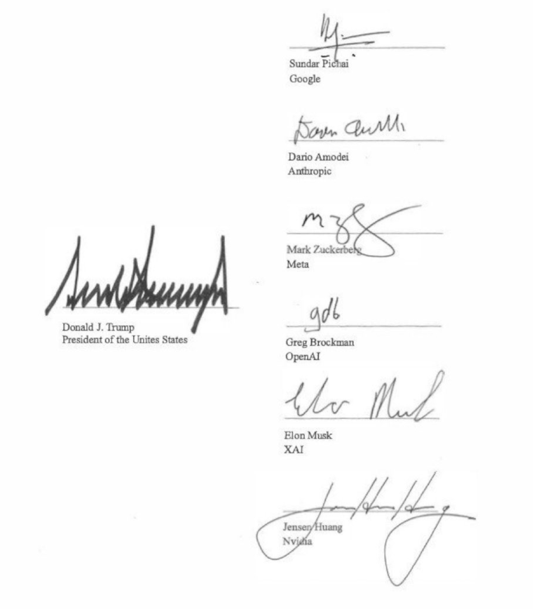 pubity's tweet photo. Donald Trump is being called out for leaving a typo on the official US Super Intelligence pact.

It reads: "Donald J. Trump, President of the Unites States" https://t.co/wDJBkuzPgf