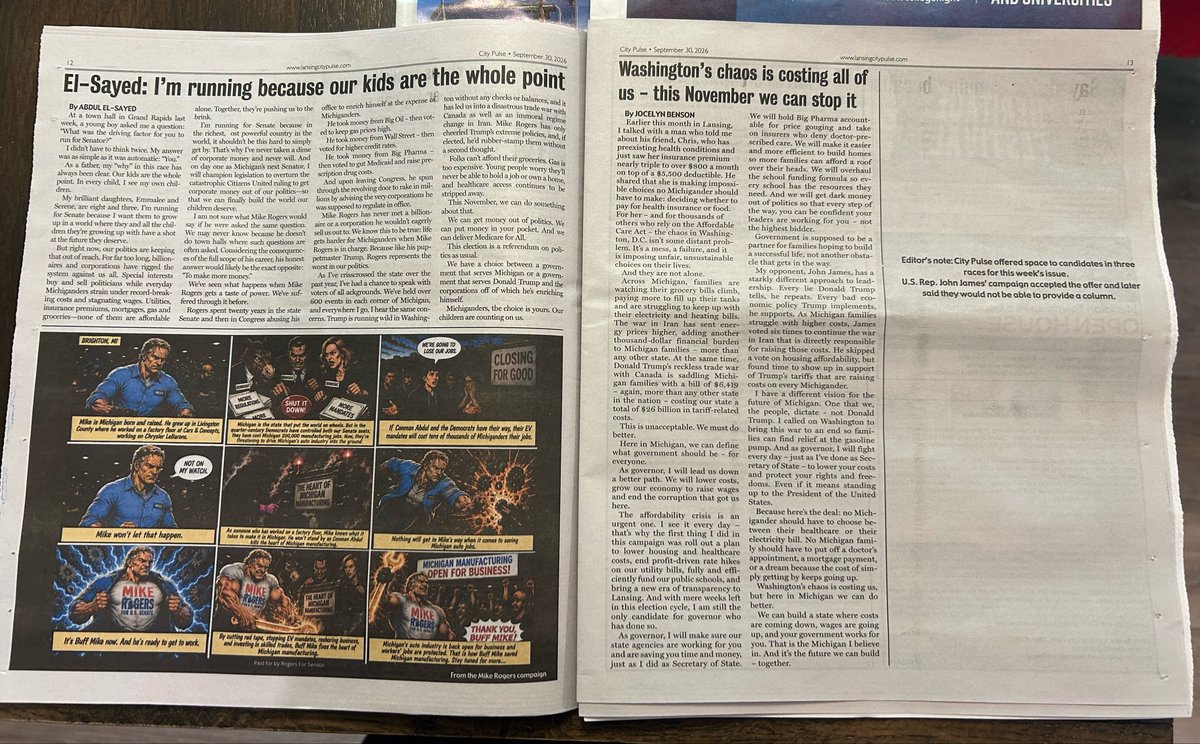 LilyCGuiney's tweet photo. Statewide candidates wrote (or didn’t) (or sent an AI-generated cartoon) into the @CityPulse for its Election Preview this week. Print is alive in Lansing, Michigan https://t.co/UqV8z2Id0u