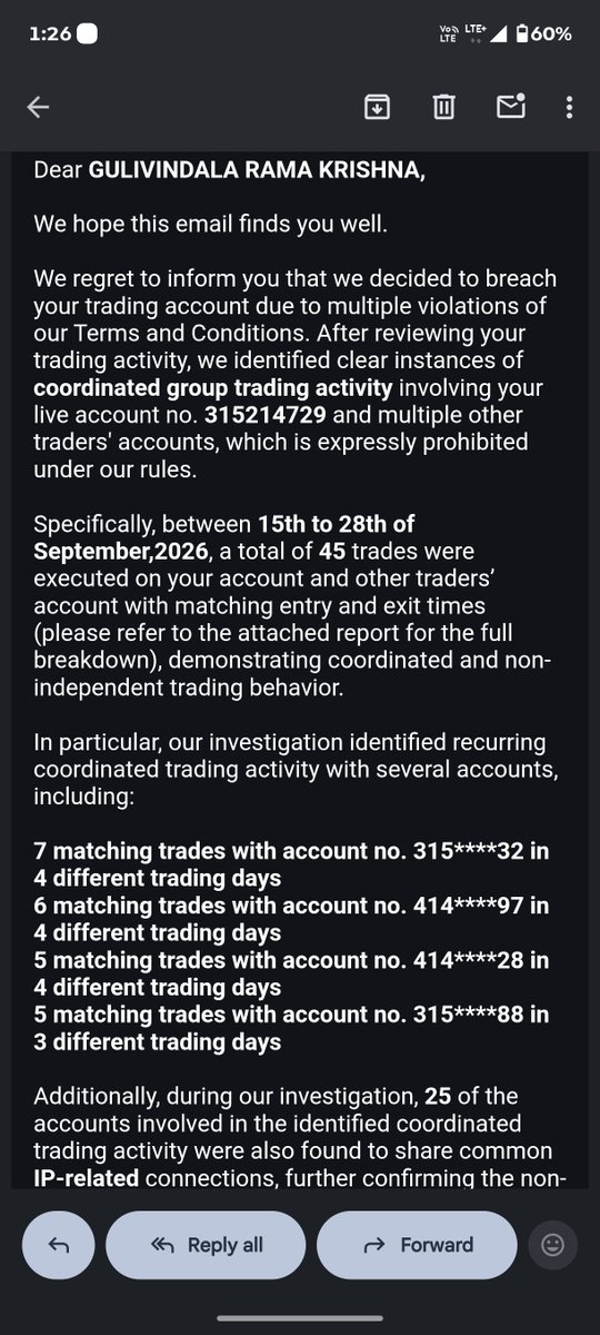 SCALPERGRK's tweet photo. @GoatFunded @tradertheory I requested my payout from GFT, and shortly after, my funded account was breached for alleged “coordinated group trading.” They claim 45 matching trades + shared IP connections. Show me the evidence. I want a fair review, transparency, and my legitimate payout. #GFT #PropFirm https://t.co/e1CXFbvG3V