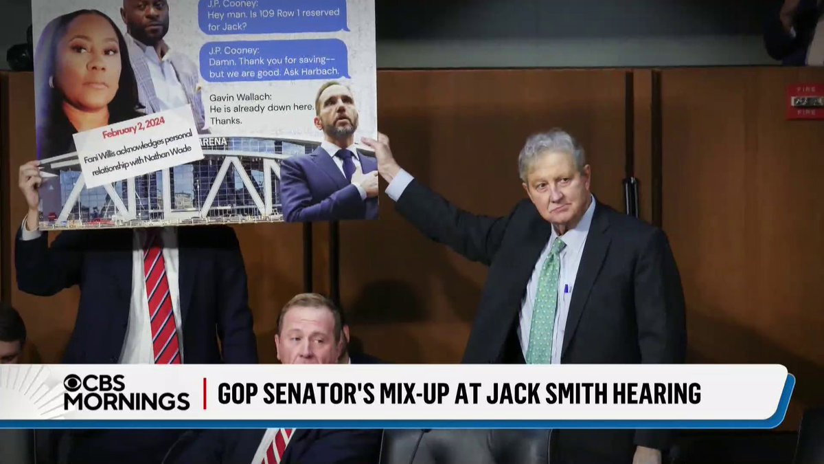 A CBS Mornings news clip shows a GOP senator holding up a poster with text messages about 'J.P. Cooney', captioned 'GOP SENATOR'S MIX-UP AT JACK SMITH HEARING'.