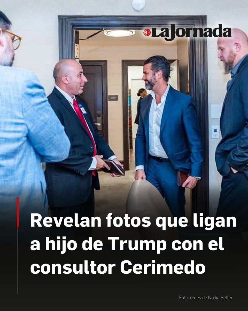 LaJornada's tweet photo. La abogada boliviana Nadia Beller difundió fotografías que vinculan al consultor argentino Fernando Cerimedo con actores políticos del entorno del presidente de Estados Unidos, Donald Trump. En las imágenes aparecen Donald Trump Jr., el asesor estadunidense Brad Parscale y Andy Rivas, socio de Cerimedo.

La divulgación ocurre un día después de que el Departamento de Estado de Estados Unidos revocó la visa del fiscal general de Bolivia, Roger Mariaca, quien está a cargo de supervisar los procesos contra el consultor. Beller, quien acusa a Cerimedo de haber ordenado un ataque a balazos en su contra, cuestionó si las acciones internacionales buscan proteger a la red ligada al movimiento político MAGA.

Más información en: https://t.co/1QHlVSz1fq